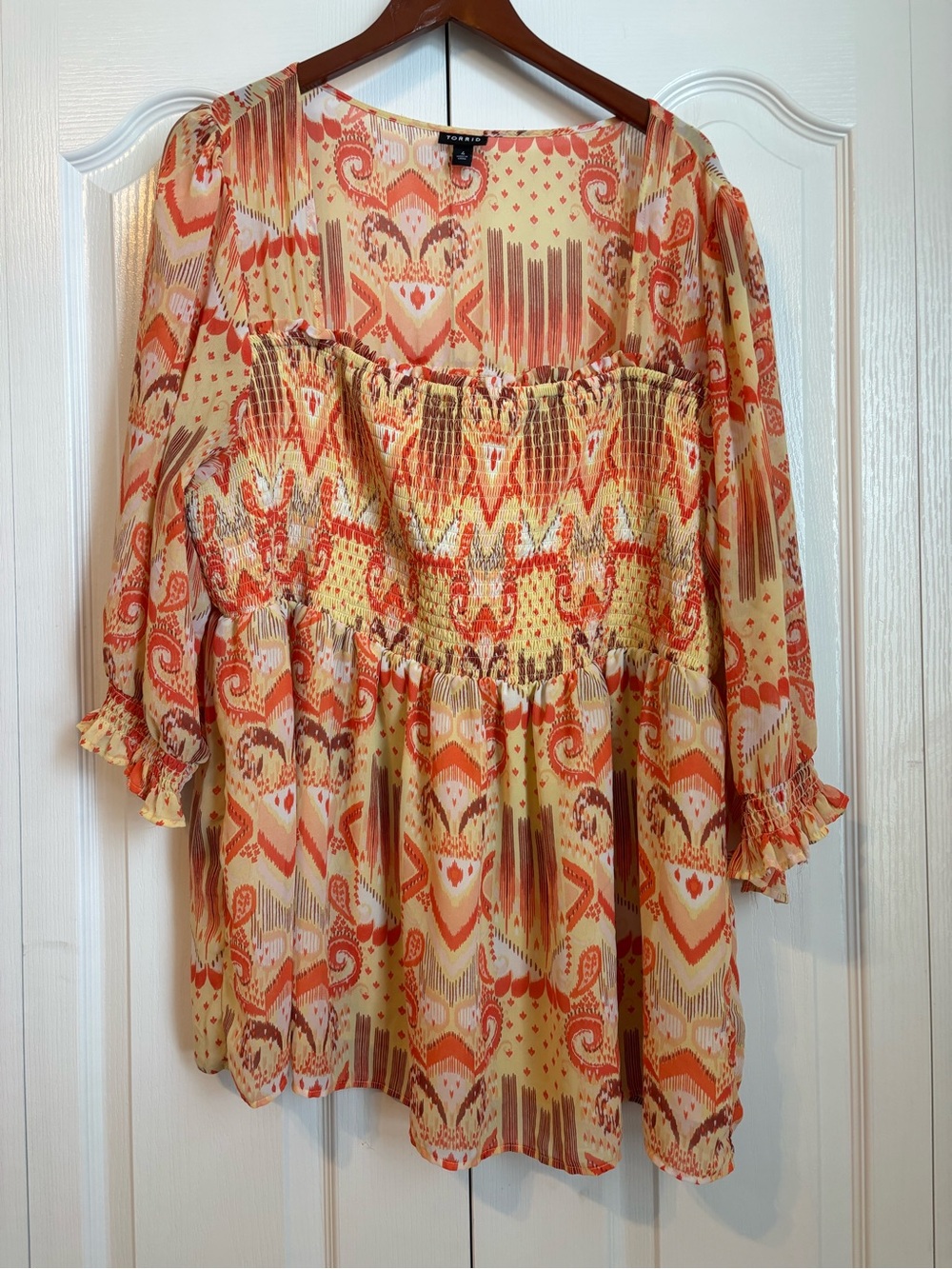 torrid Cream & Orange Paisley Smocked Peasant Tunic